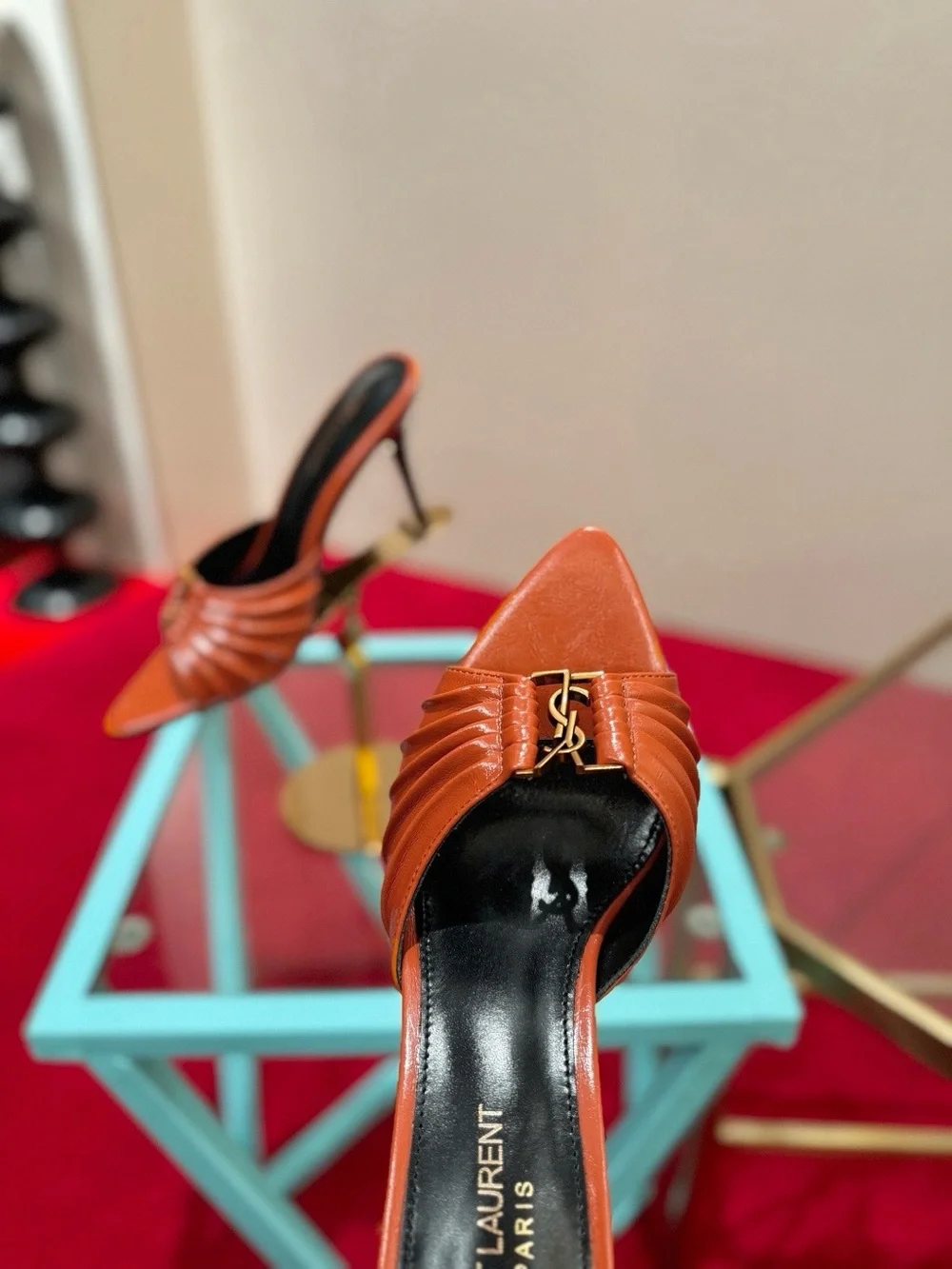 Saint Laurent Tan Leather Ruched Slide Heels with Gold YSL Accent